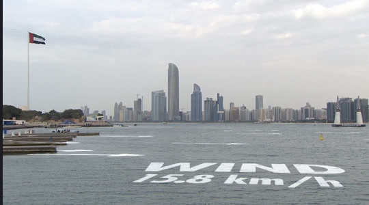 Red Bull Air Race — live on-water WIND graphic over the Abu Dhabi skyline